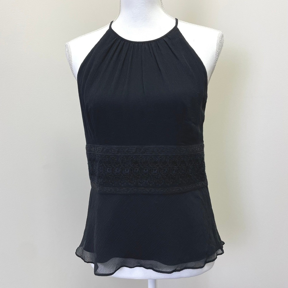 Ann Taylor Black Silk Halter Top 6 Lace Waist Keyhole Back Blouse Office Career